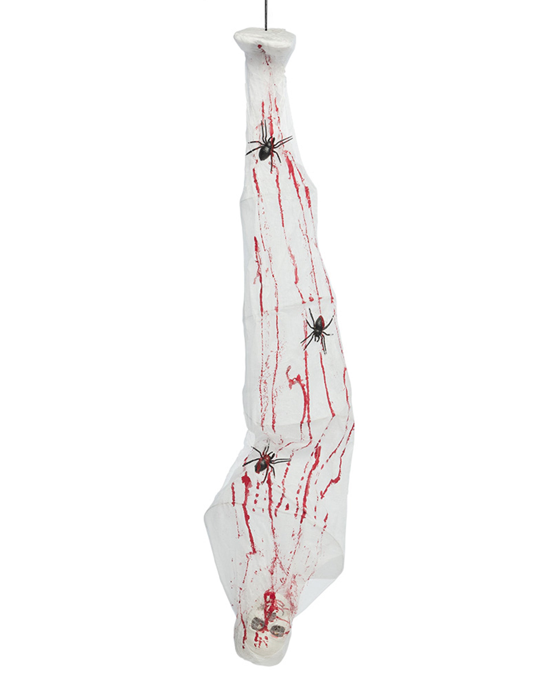 Décoration animée suspendue cocon d’araignée avec corps emprisonné pour Halloween blanc ensanglanté avec araignées noires