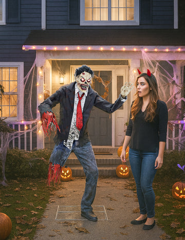 Animovaná dekorace s roztříštěnou zombií s kloubovými pažemi, zvukem a světly, 1,8 m