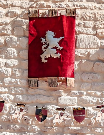 Vínově zlatá sametová dekorace s erbem 50 x 80 cm