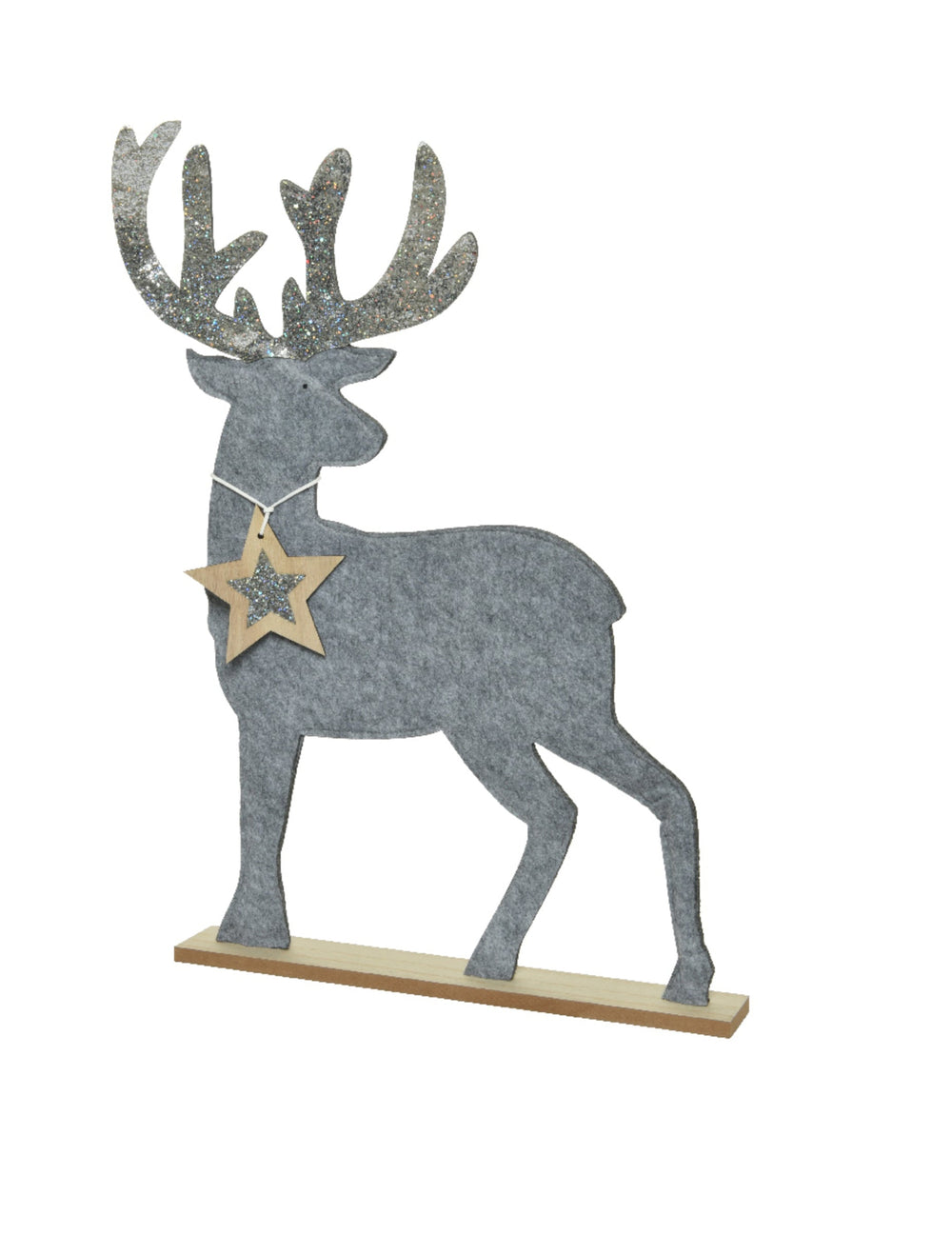 Décoration cerf pour Noël gris à paillettes argent sur socle bois