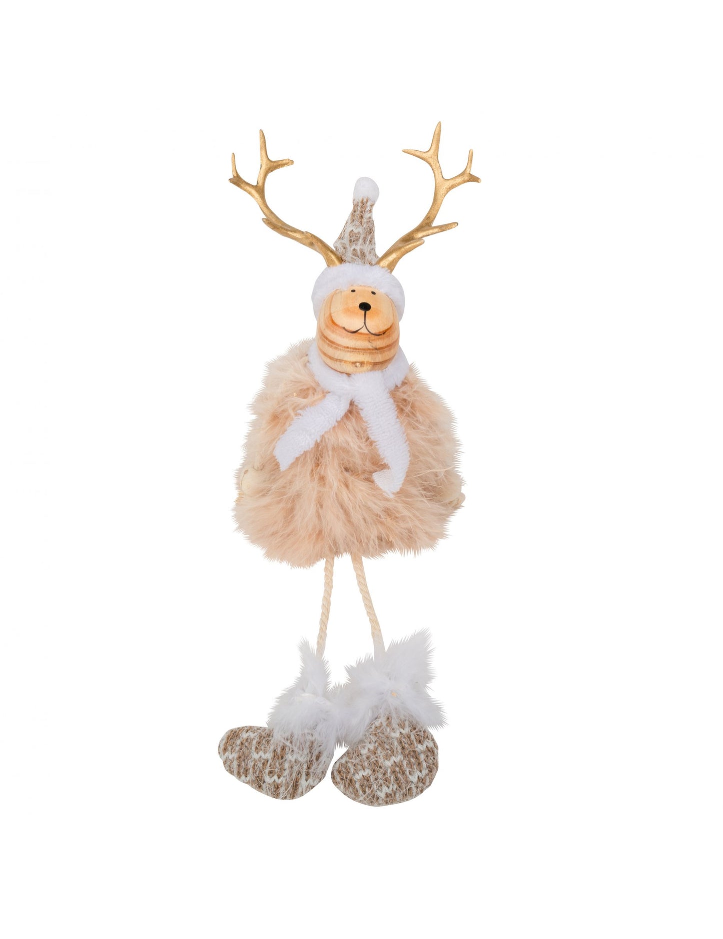 Dekorace jelena ve dřevě a kožešině 15.5 cm s kloboukem