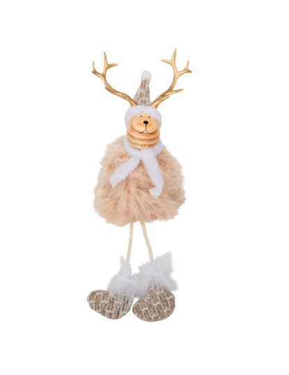 Dekorace jelena ve dřevě a kožešině 15.5 cm s kloboukem