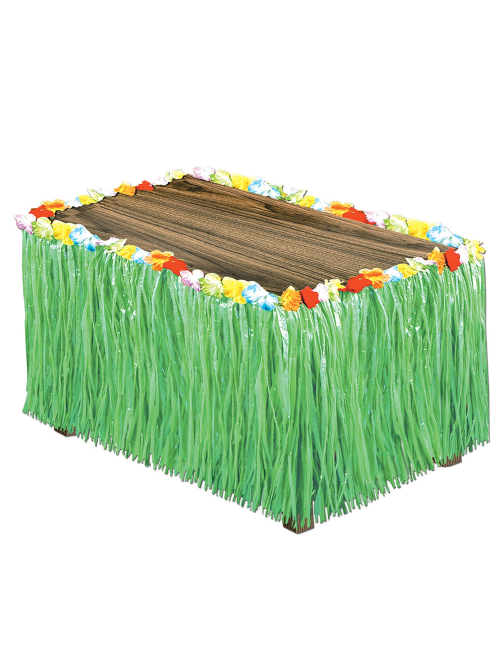 Jupe de table Hawaï verte avec liseré de fleurs multicolores