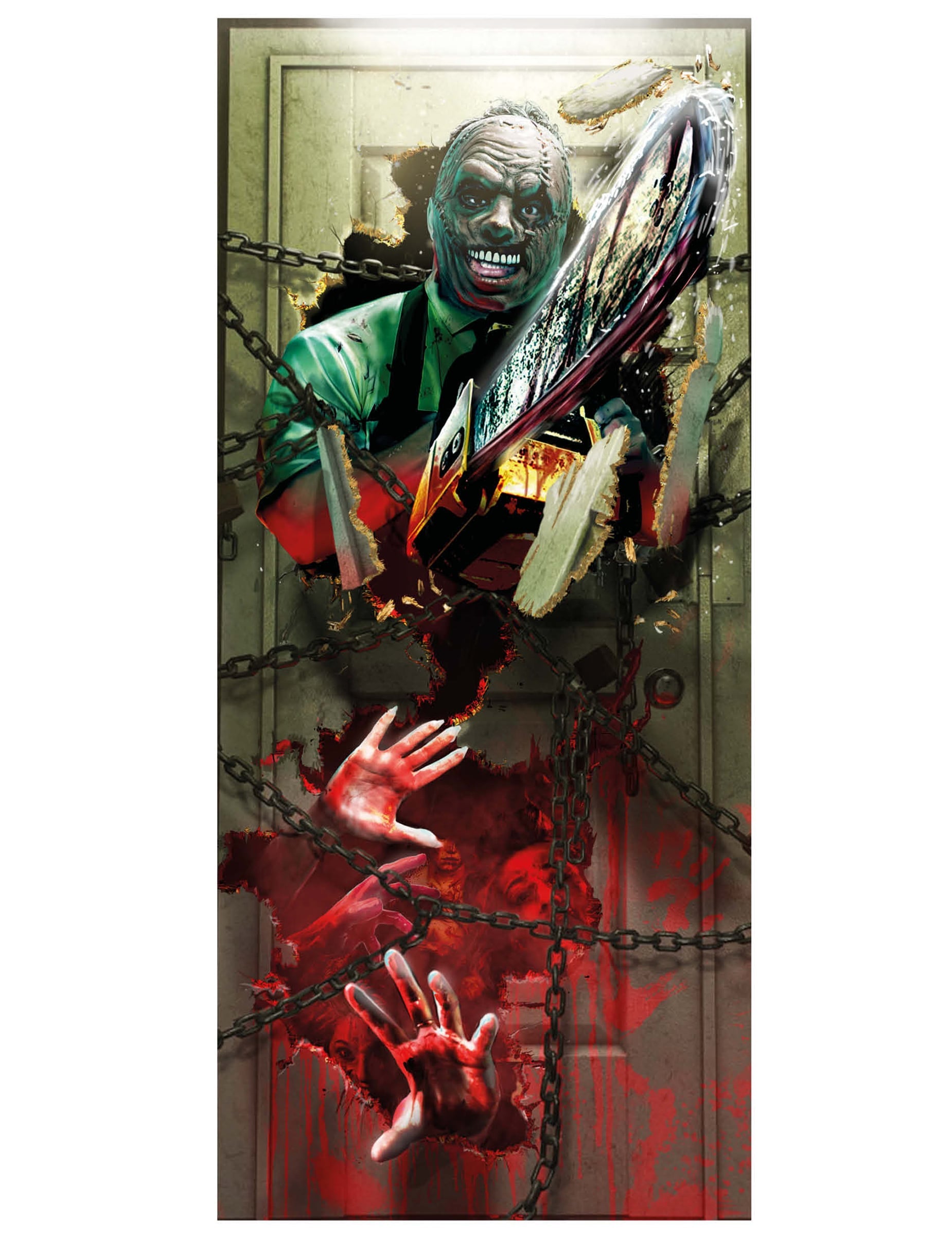 Décoration de porte assassin pour Halloween sanglante avec tronçonneuse et chaînes
