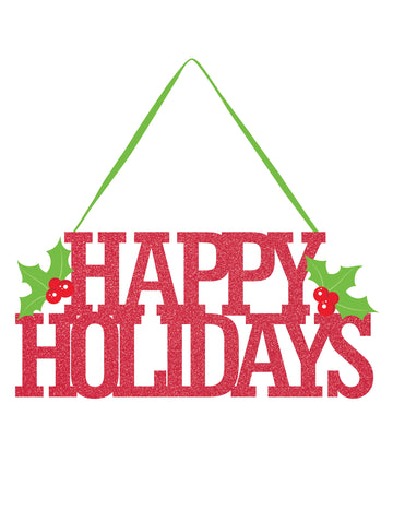 Veselé svátky červené třpytivé dekorace na dveře 33 cm