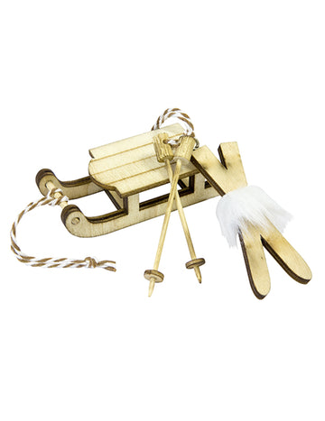 Dřevěná dekorace na saně a pár lyží 7,8 x 3 cm na vánoce