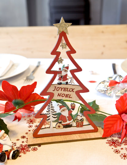 Veselé Vánoce dřevěná dekorace z červené jedle 23 x 15 x 4 cm pro stůl