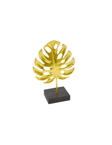 Kovová dekorace na podstavci z tropických listů 15 x 10 cm zlatá