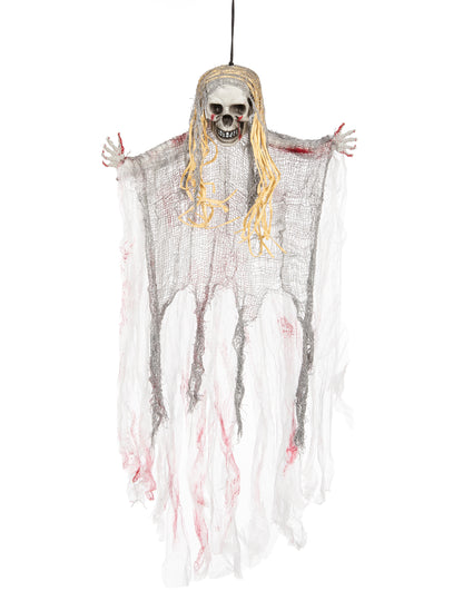 Décoration fantôme sanglant pour Halloween blanche et grise avec cheveux blonds