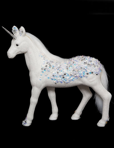 Décoration licorne blanche à strass bleu et argent