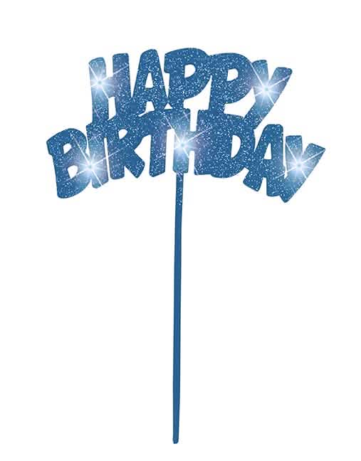 Světelná dekorace na dorty Happy Birthday k narozeninám modrá s třpytkami s LED