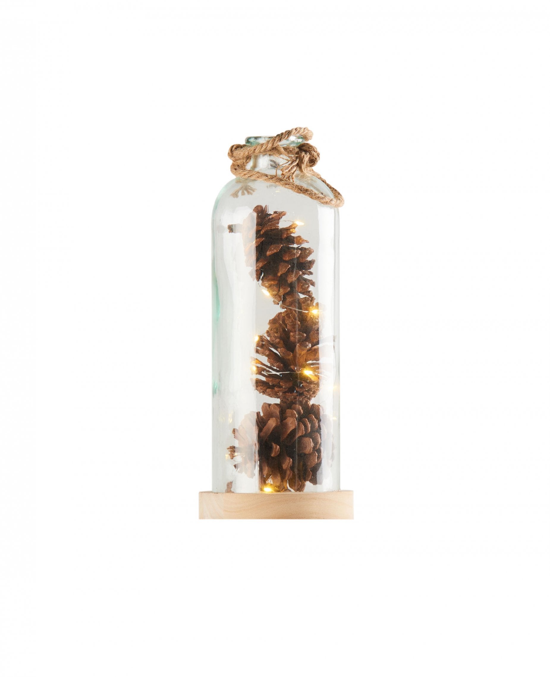 Décoration lumineuse vase avec pommes de pin pour la maison en verre et bois