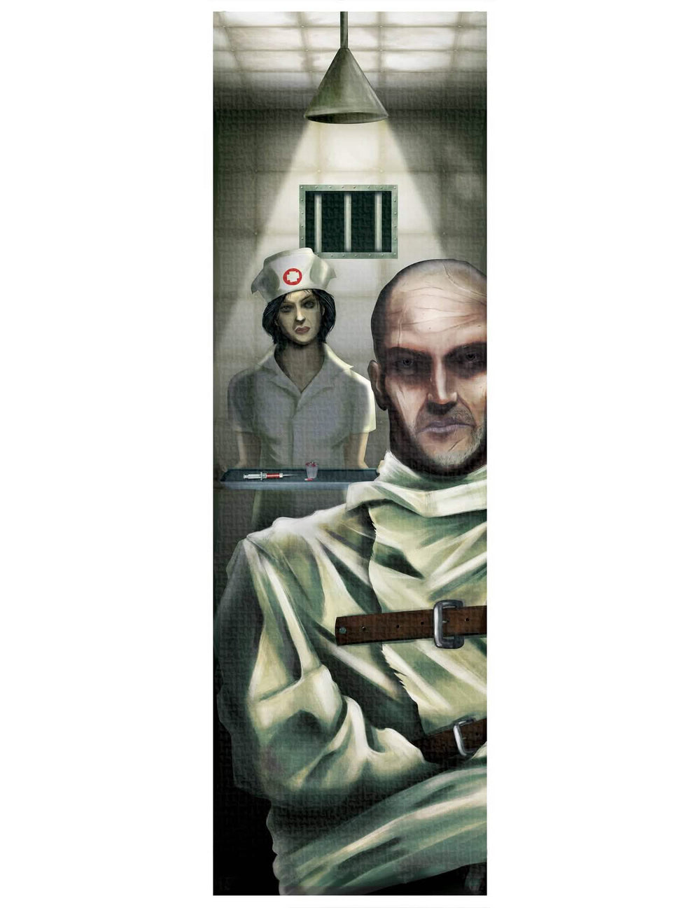 Nástěnná dekorace zombie sestra pro halloween s pacientem v kazajce