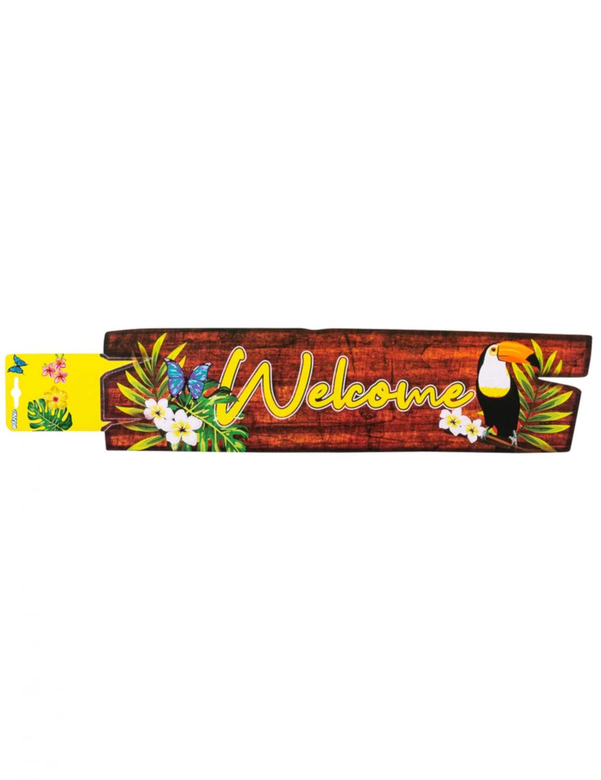 Décoration murale welcome toucan effet bois avec fleurs tropicales et papillon