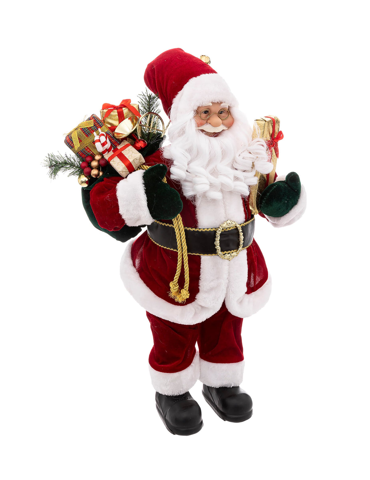 Décoration Père Noël luxe rouge et blanc en velours avec sa hotte de cadeaux