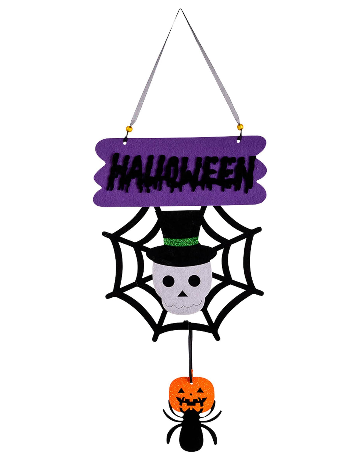 Dekorace malá kostra na halloween fialová a černá s pavučinou a dýně