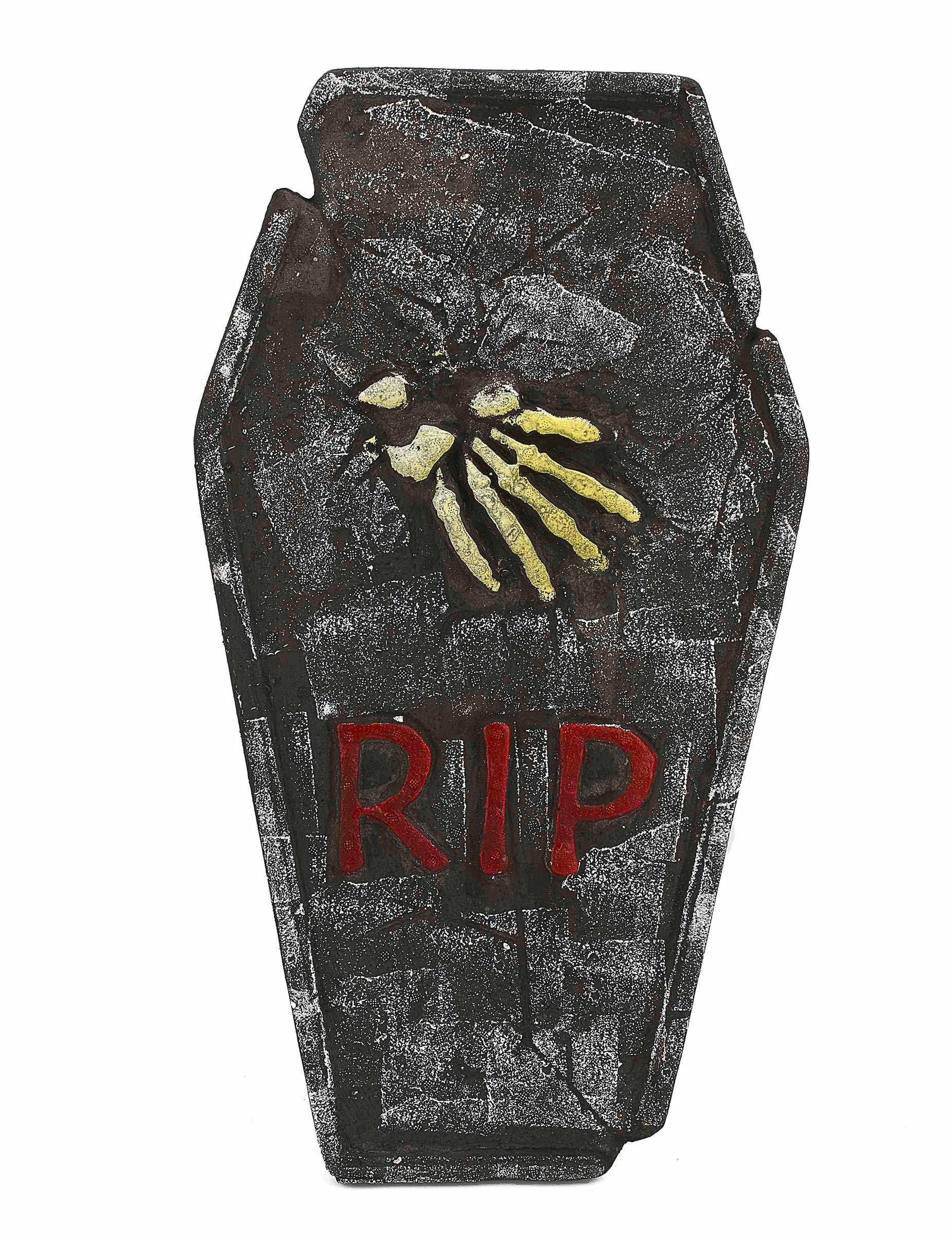 Décoration pierre tombale Halloween noir et gris avec main de squelette et inscription RIP rouge