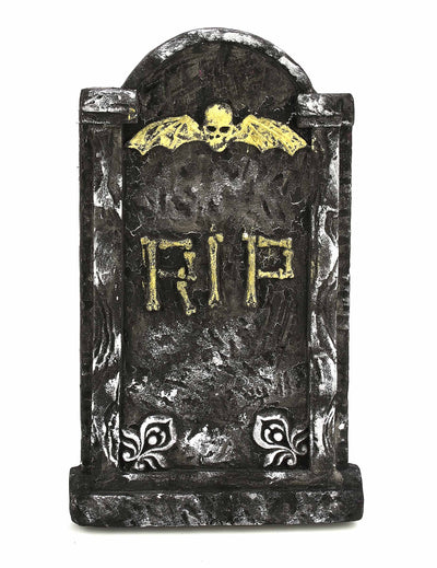 Décoration pierre tombale Halloween grise et dorée avec crâne ailé et inscription RIP