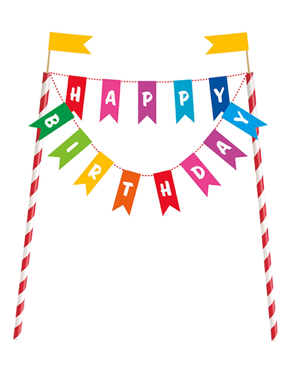 Dekorace na dort Happy Birthday pro narozeniny vícebarevné s praporky a pruhovanými tyčinkami