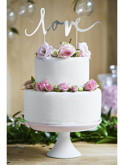 Dekorace na dort - třpytivý stříbrný zápich s nápisem love 