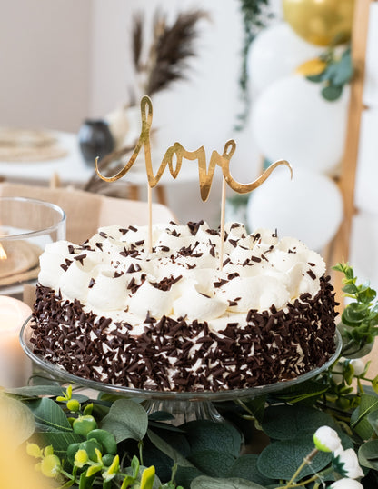 Zlatá dekorace na dort love 16,5 x 23 cm na svatbu 