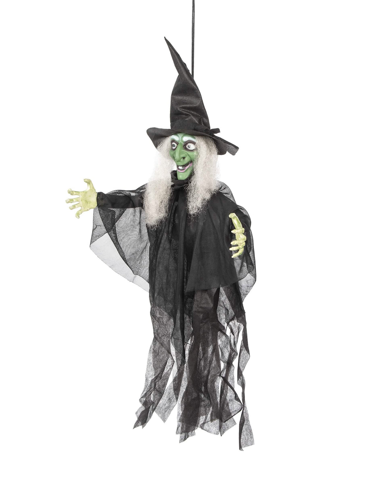 Boční pohled na animovanou svítící a mluvící dekoraci čarodějnice na halloween