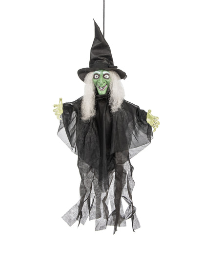 Décoration sorcière animée lumineuse et parlante pour Halloween noire et verte