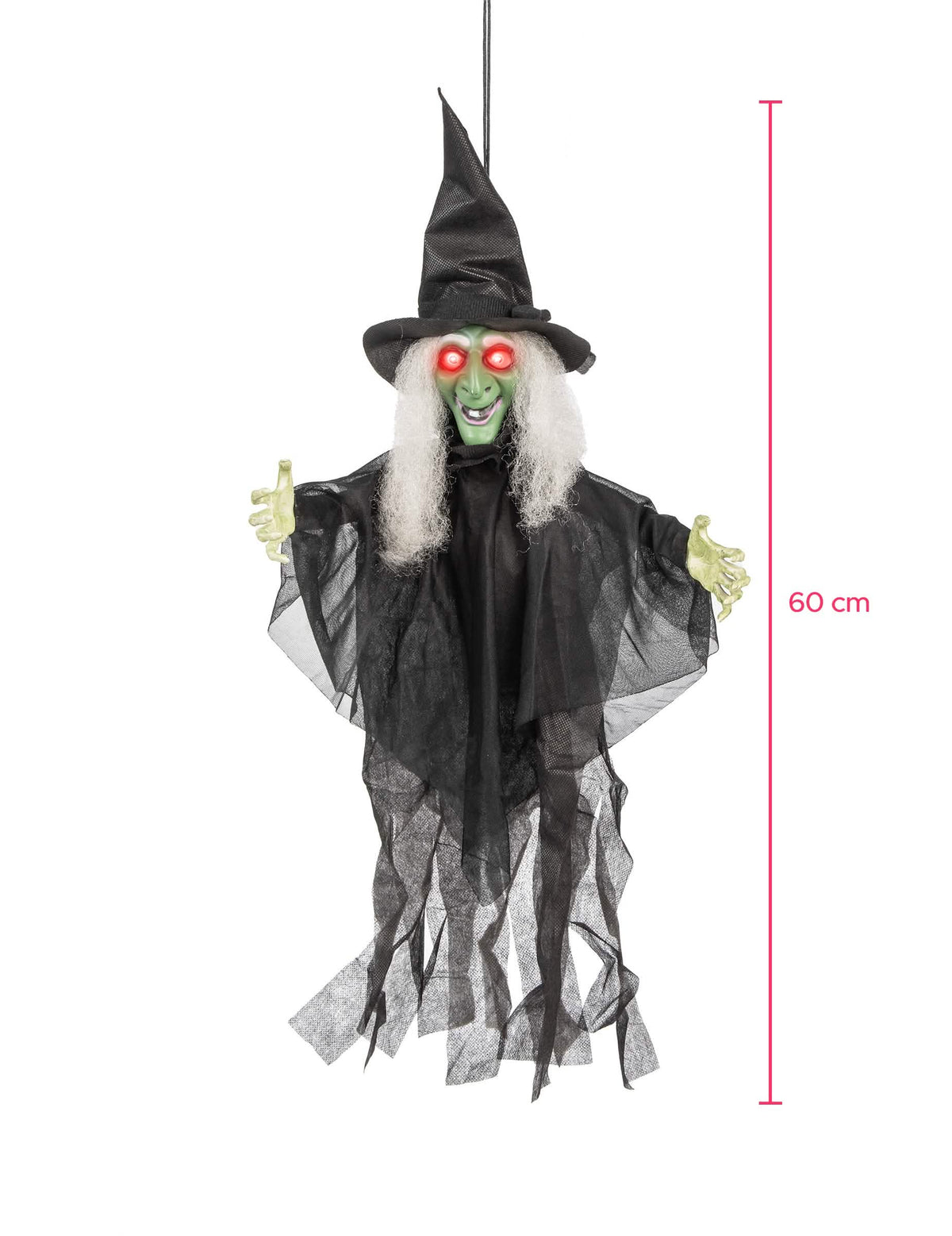 Rozměry světelné a mluvící animované dekorace čarodějnice na halloween