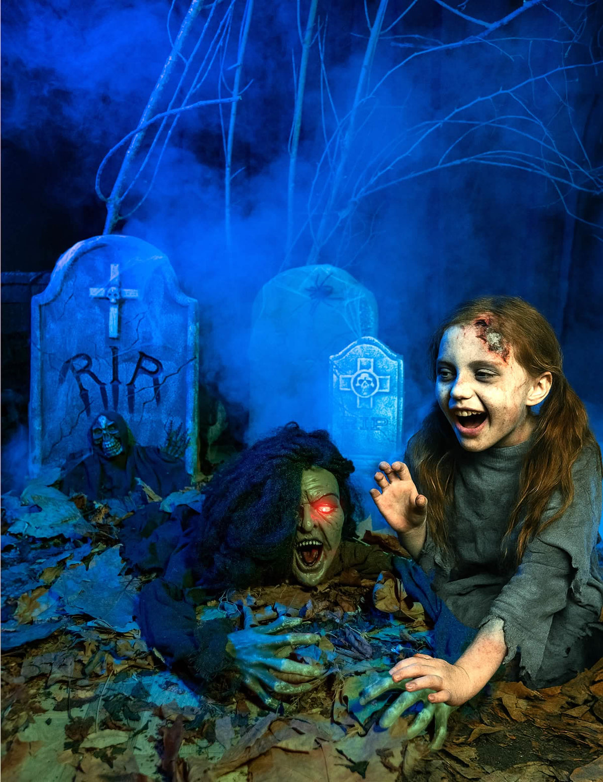 Zvuková a světelná dekorace čarodějnice na halloween zelená s červenýma očima