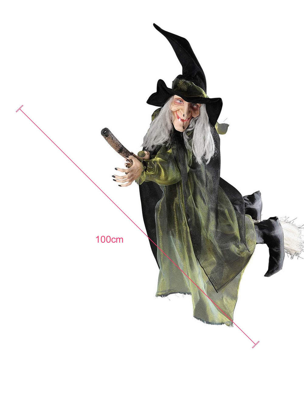 Rozměry dekorace létající čarodějnice na koštěti pro halloween