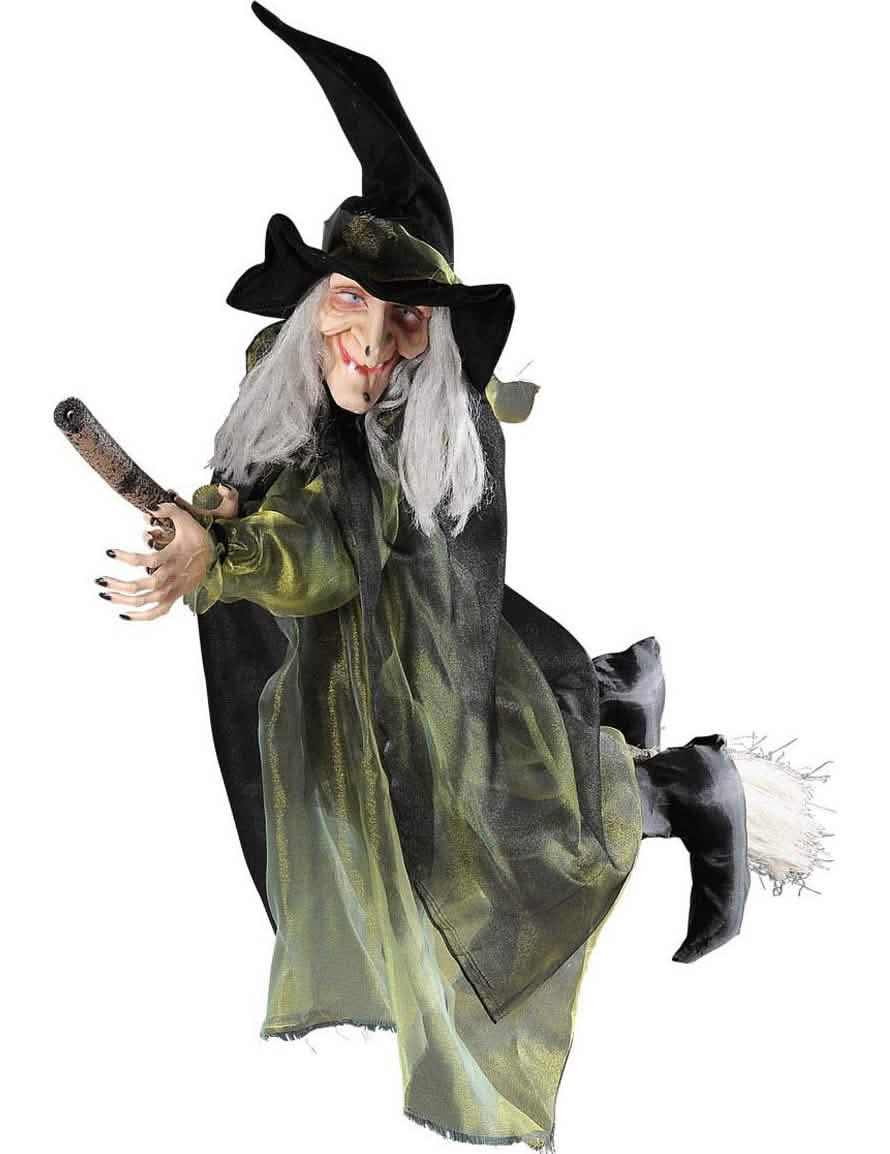 Létající čarodějnická dekorace na koštěti pro halloween, černá a zelená
