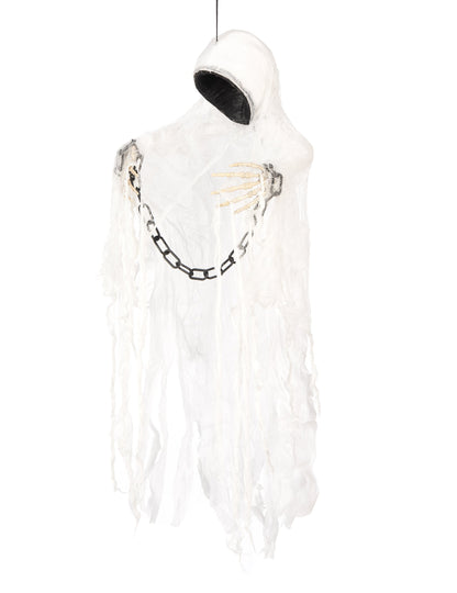 Détail des mains et de la capuche de la décoration squelette faucheuse enchainé pour Halloween