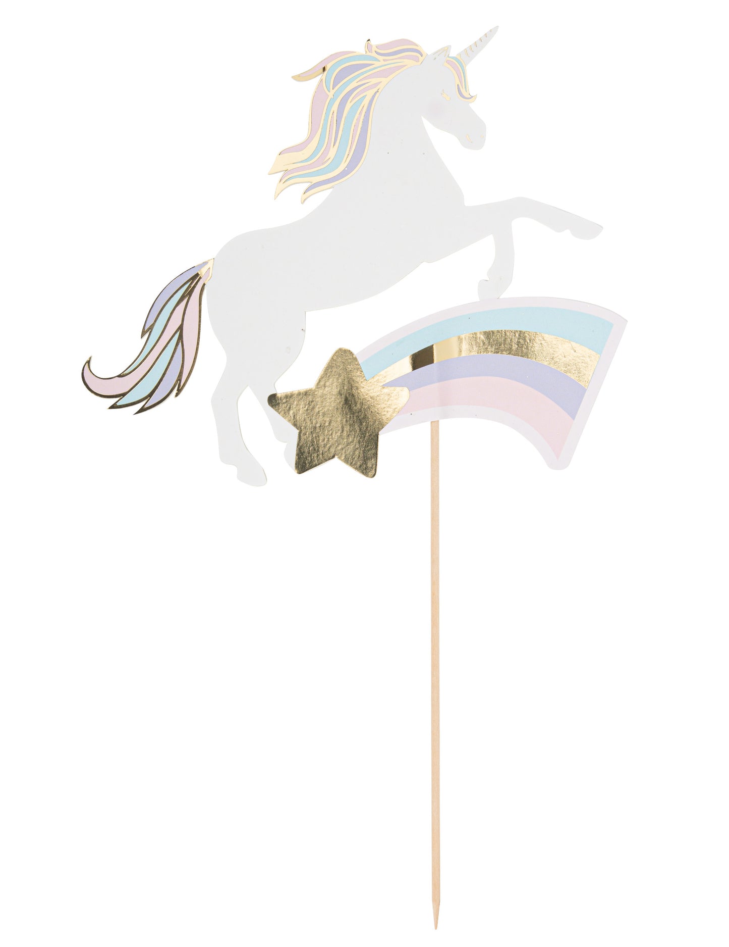 Dekorace na pastelovém a zlatém trsátku jednorožce 18,5 x 30 cm na dort