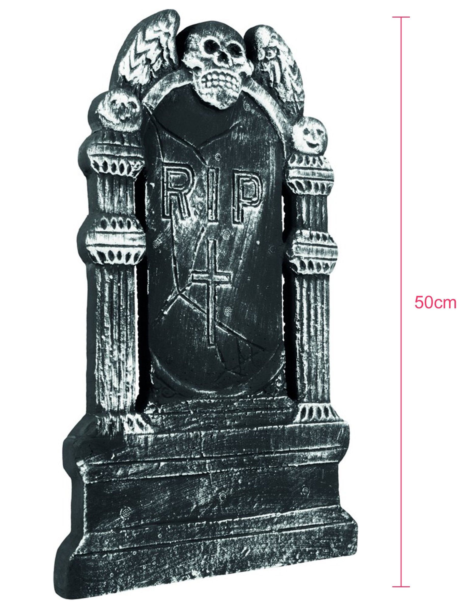 Boční pohled na hrobovou dekoraci kostlivce na Halloween