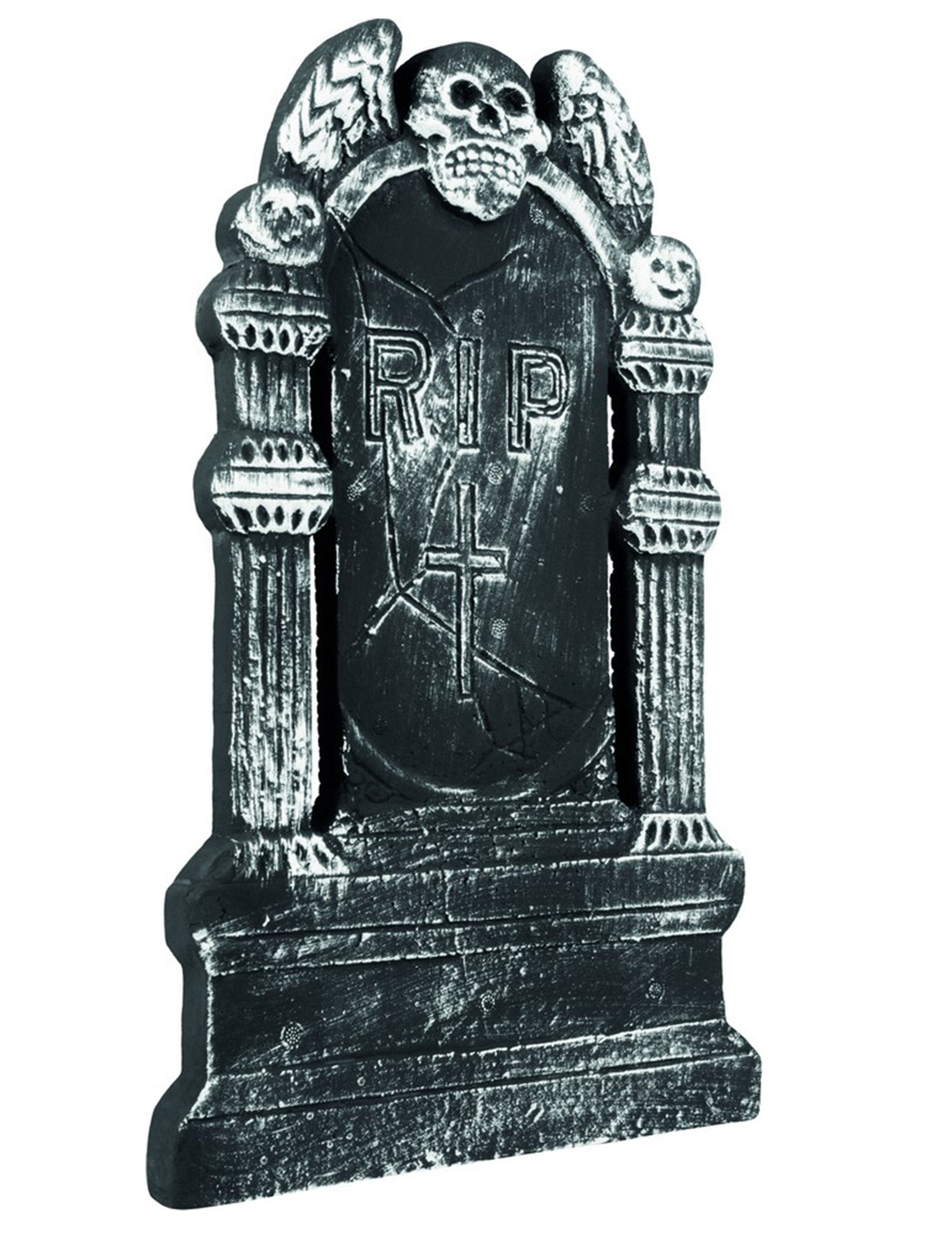 Hrobová dekorace kostlivce na Halloween v šedé a černé barvě se skull a nápisem RIP
