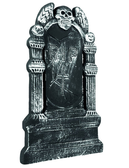 Hrobová dekorace kostlivce na Halloween v šedé a černé barvě se skull a nápisem RIP