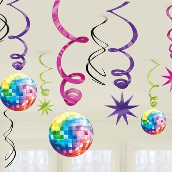 Závěsné dekorace disco koule s fazetami a spirály na multicolorovou párty