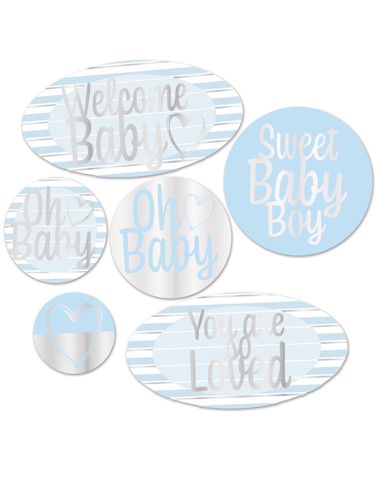 6 uvítacích kartonových dekorací pro miminko v modré a stříbrné barvě