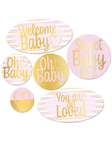 6 uvítacích dětských růžových a zlatých kartonových dekorací pro miminko