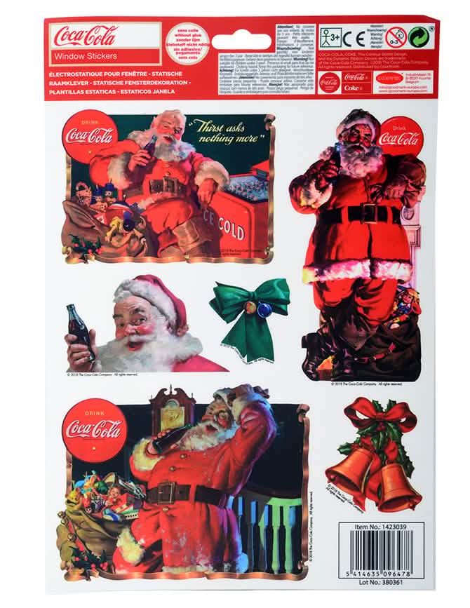 Pohled zezadu na balení dekorace na okna Coca-Cola santa claus