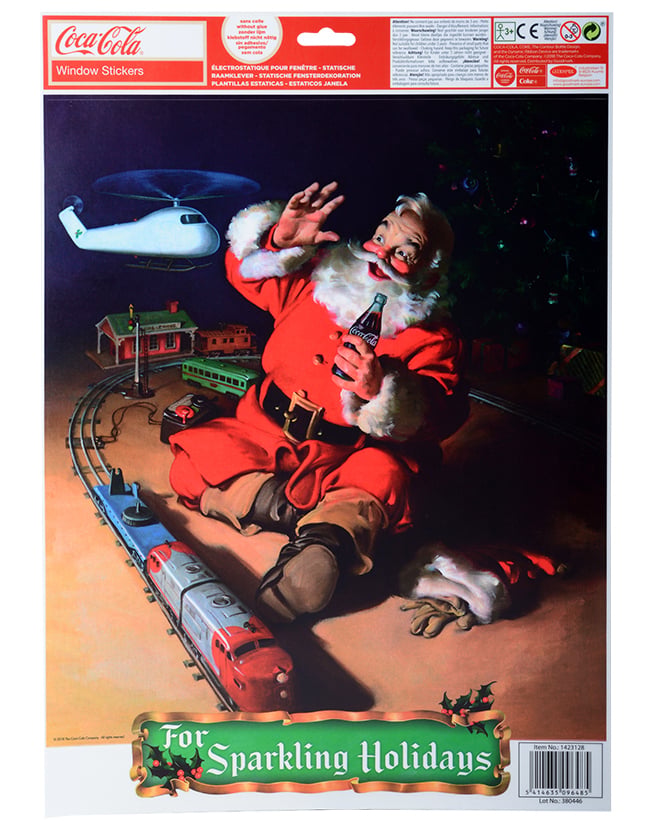 Détail du visuel du Père Noël au train électrique du décorations pour fenêtres Coca-Cola™ et Père Noël