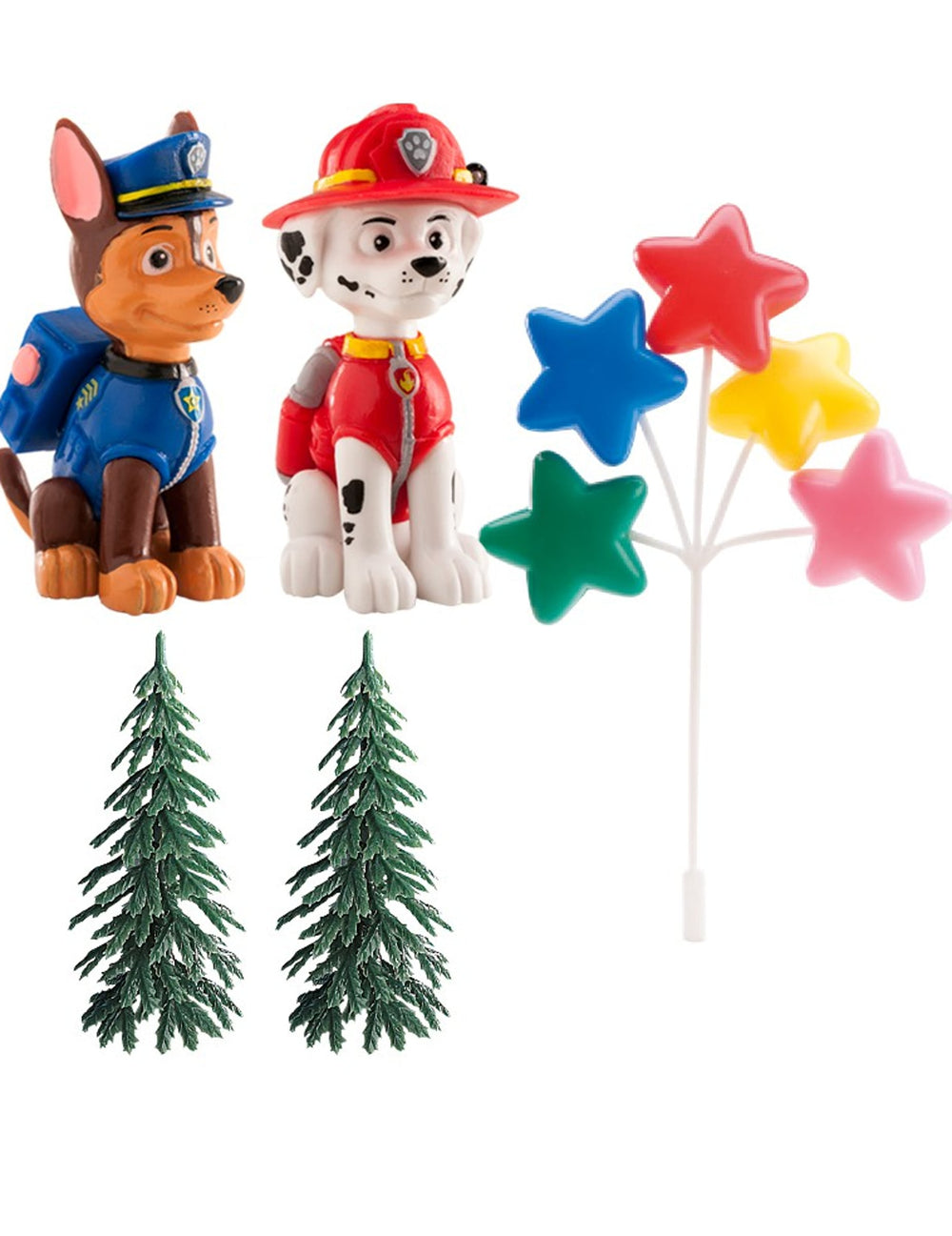 Décorations pour gâteaux Pat'Patrouille pour enfant figurines Chase et Marcus avec sapins et bouquet d'étoiles