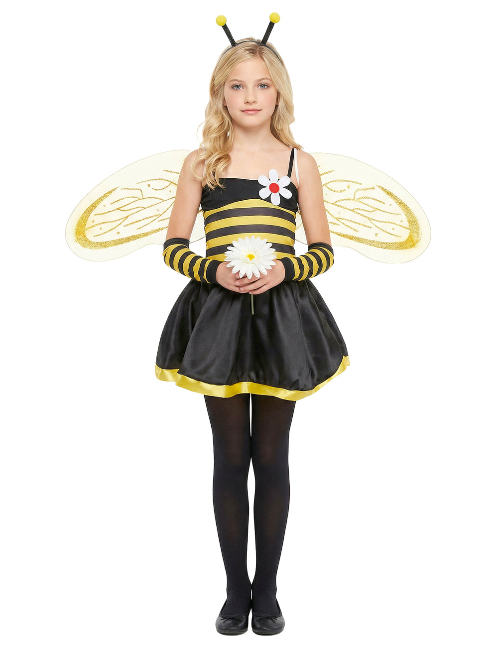 Détail de la fleur tenue avec le déguisement d'abeille pour fille