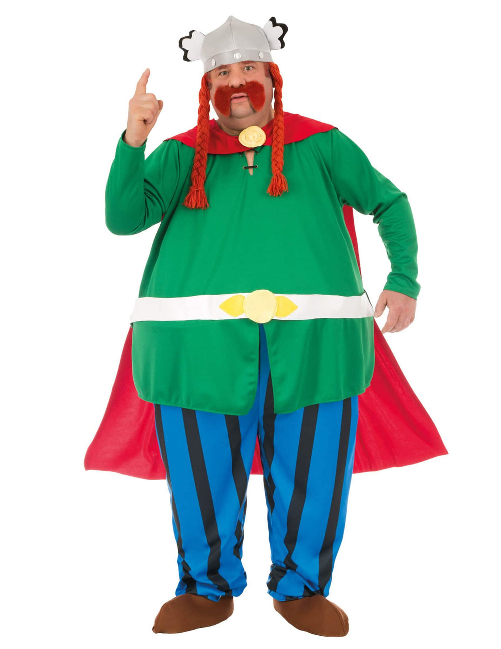 Kostým Abraracourcix Asterix a Obelix pro dospělý zelená a červená s modrá pruhovanými kalhotami a helmou