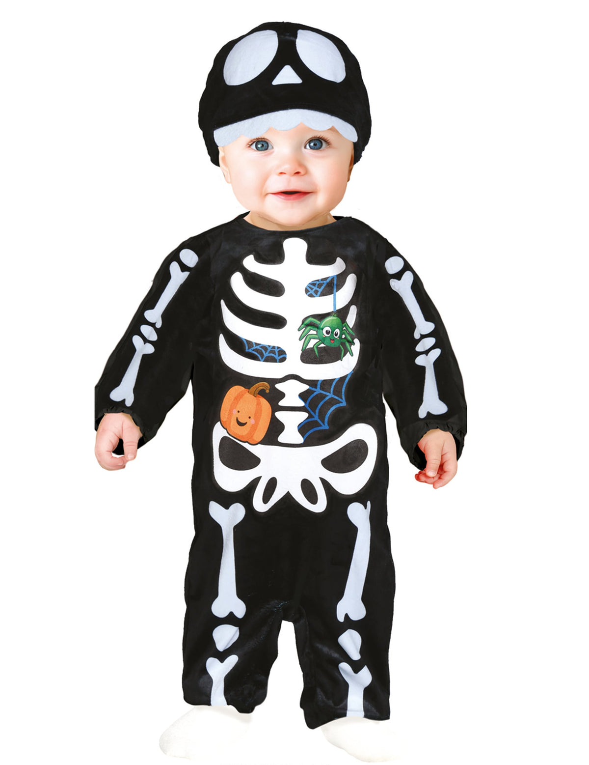 Déguisement de squelette pour bébé noir et blanc avec bonnet citrouille et araignée