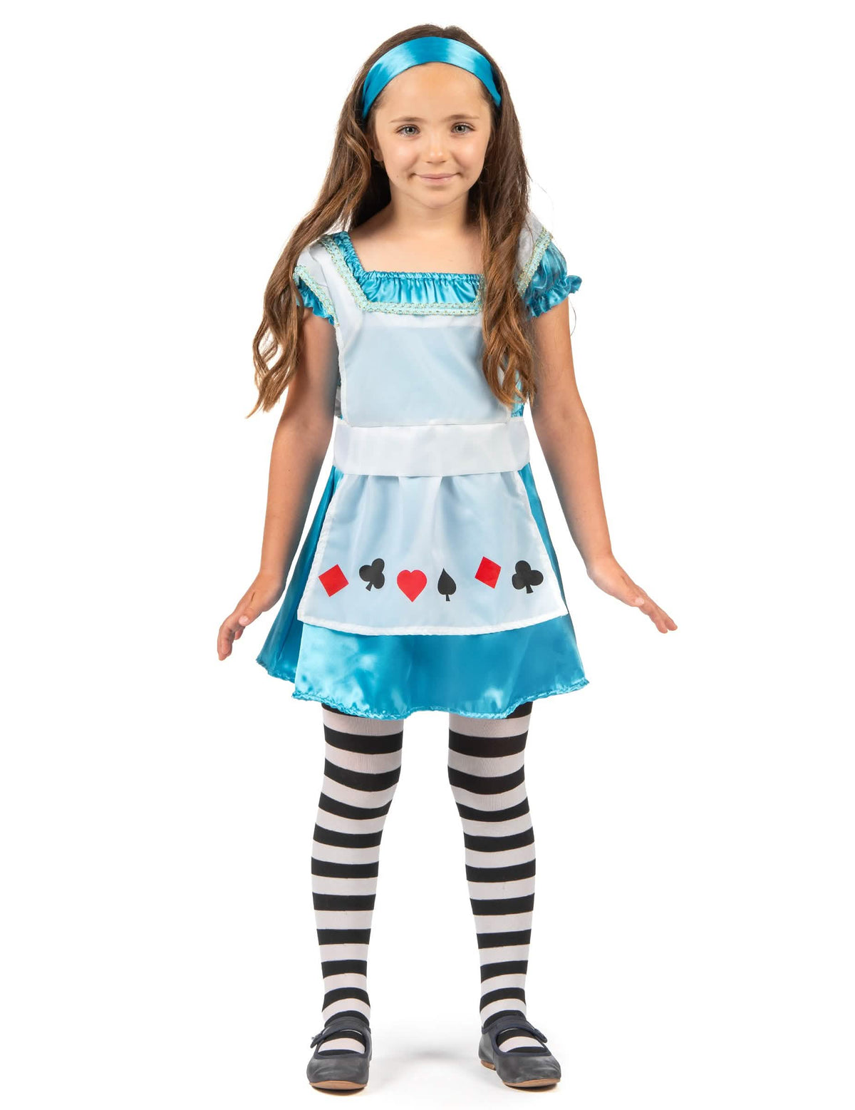 Pohled zepředu na kostým Alice pro dívku s pruhovanými punčochami a čelenkou