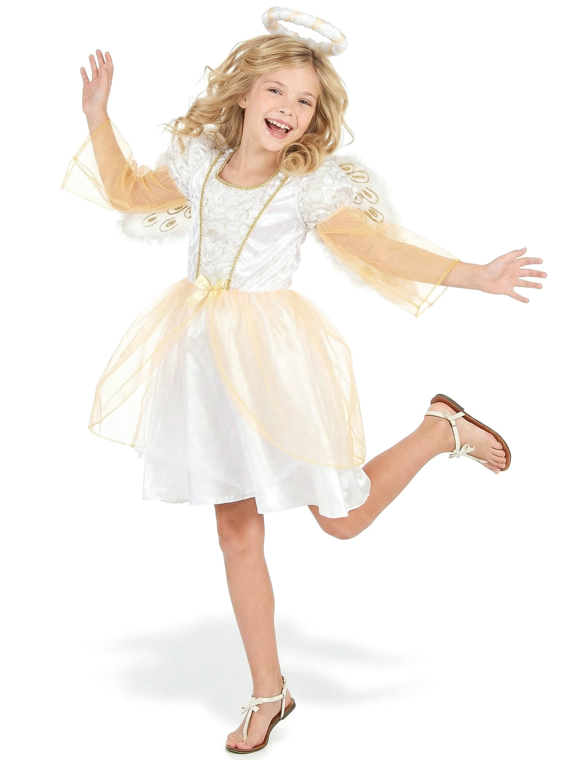 Pose dynamique du déguisement d'ange pour fille blanc et doré