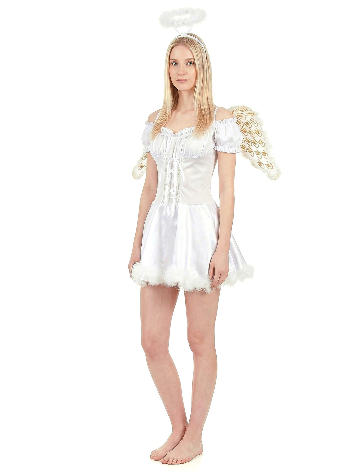 Vue de trois-quarts du déguisement ange blanc sexy pour femme