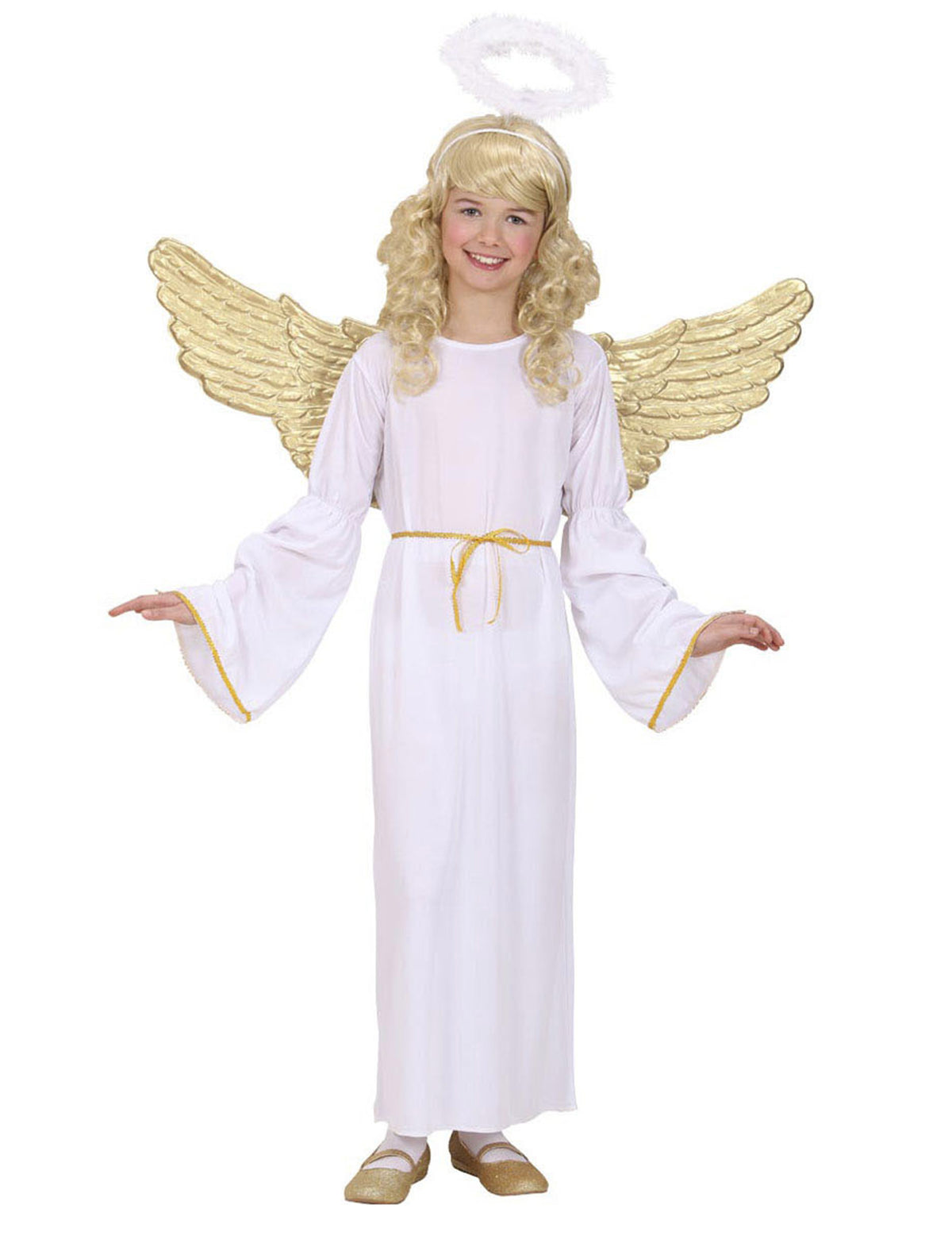 Déguisement ange doré pour enfant blanc et or avec ailes et auréole