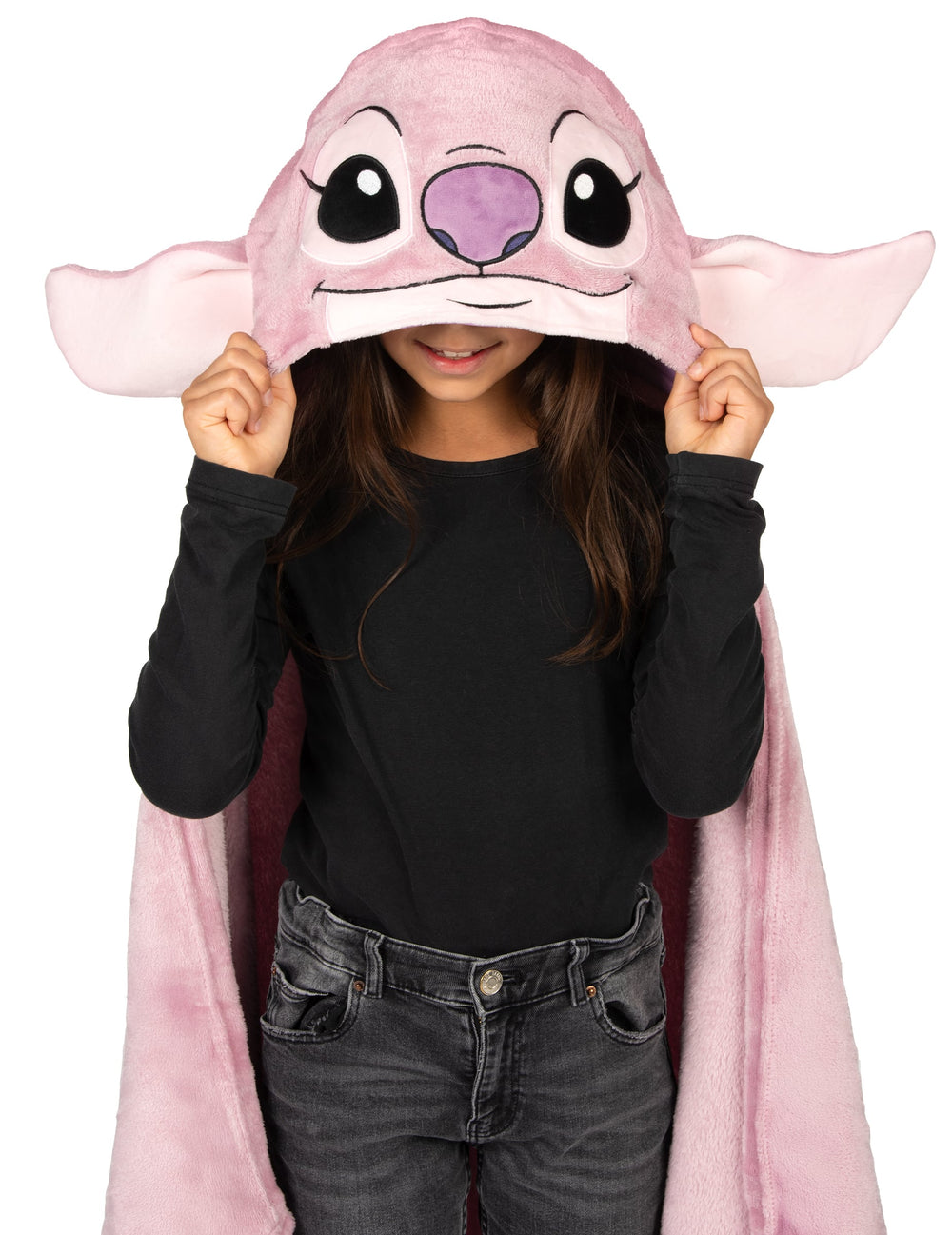 Gros plan sur la capuche du déguisement plaid polaire à capuche Angel Lilo & Stitch